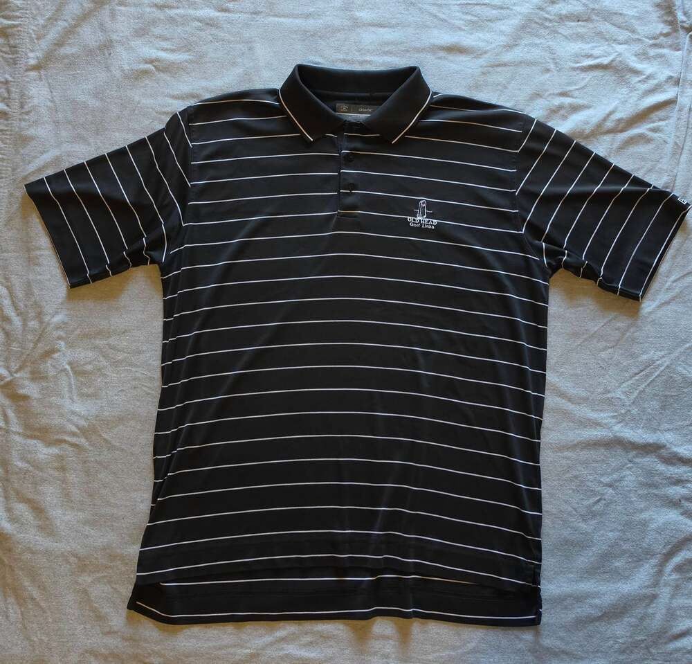 Cutter Buck Old Head Golf Links Shirt Men XL Black Stripe DryTec Lighthouse Logo
